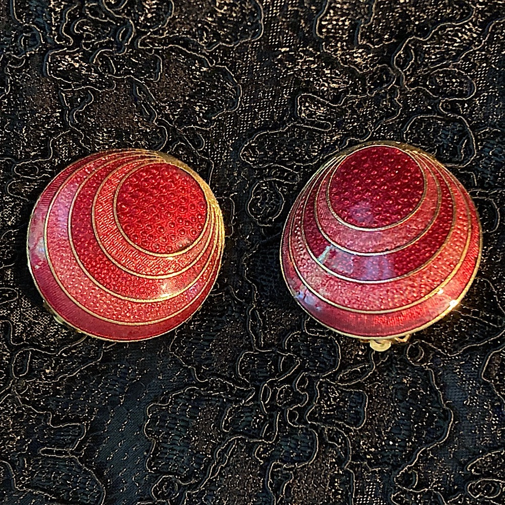 Cloisonné Iris Clip on Earrings Vintage Colorful and Enameled 1 inch diameter